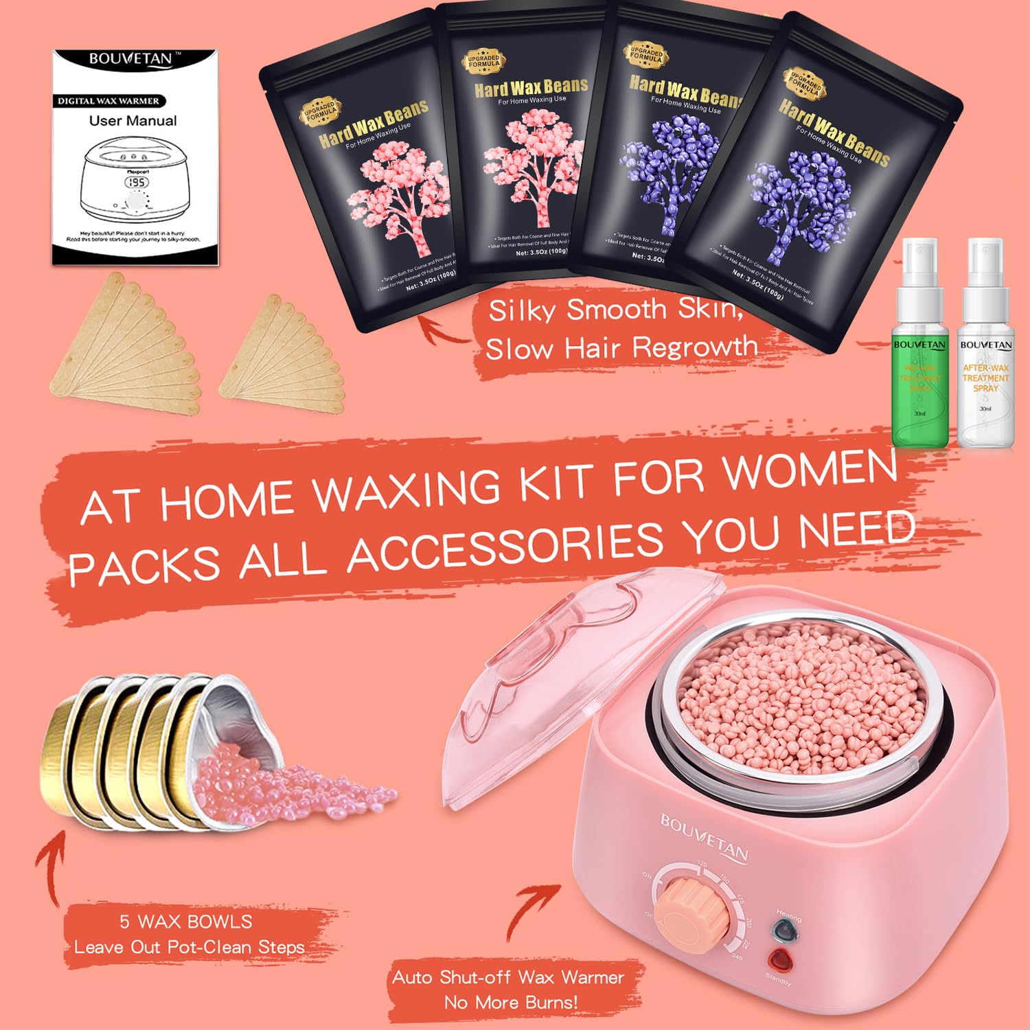 Waxing Kit for Women, Bouvetan Dual LED Wax Warmer for Hair Removal with 14oz Hard Wax Beads for Full Body, Eyebrows, Armpit, Legs, Chest Bikini Brazilian Painless Waxing Kit for Women Men (Pink)