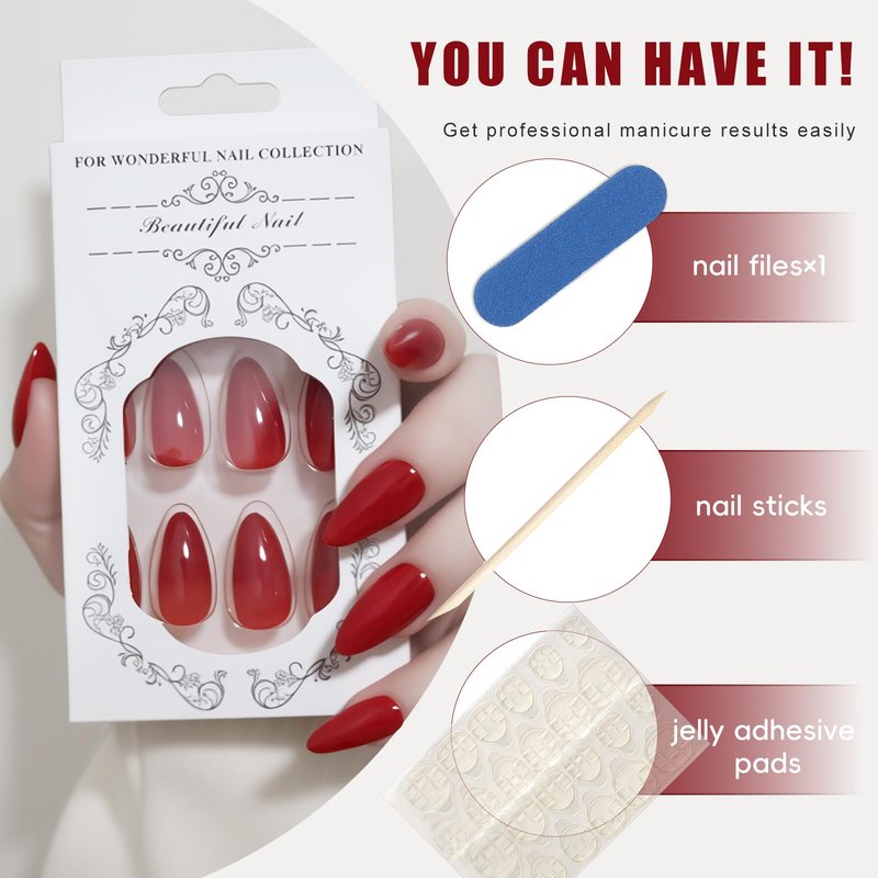 Yersunsy 24Pcs Press on Nails for Women Girl, Solid Color Medium Almond Fake Nails Glossy Artificial Fingernail, Reusable with Adhesive Tabs for Gift Parties Festival Makeovers (Red)