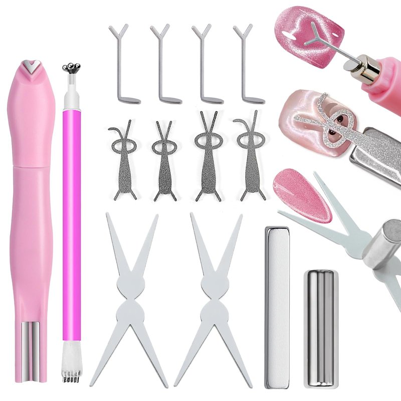 XEAOHESY 14pcs Cat Eye Magnets, 3-in-1 Heart Magnet for Nails, Flower Magnet, Cylindrical Rectangular Magnet+Scissor-Shaped Plates+Y-Shaped Brackets+Bunny-Shaped Plates for French Heart Bunny Effect