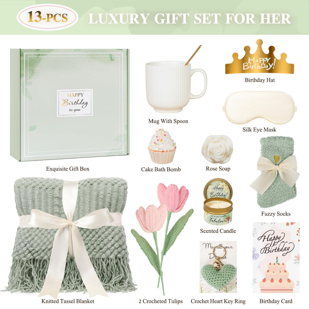 CuriBox Birthday Gifts for Women - 13PCS Unique Happy Birthday Easter Gifts Basket for Mom Her Best Friend Sister Wife Girlfriend Coworker - Relaxing Spa Self Care Package Mothers Day Set (Green)