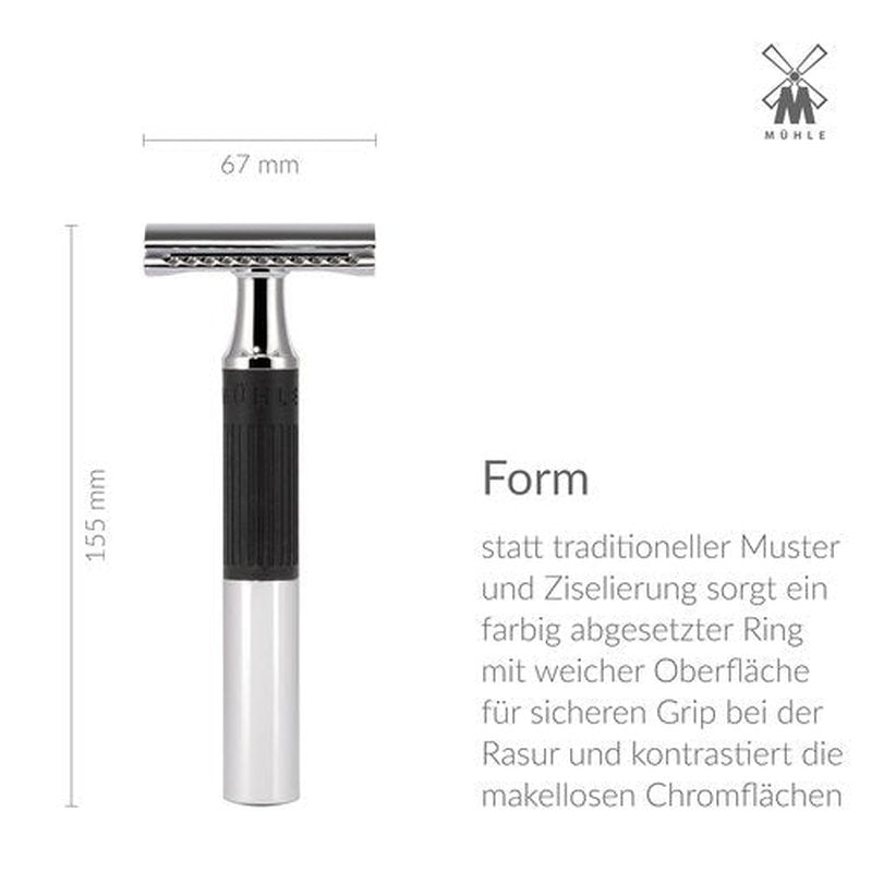 MÜHLE NEO Safety Razor - Eco-Friendly Double Edge Razor for Beginners & Pros | Chrome with Black Grip