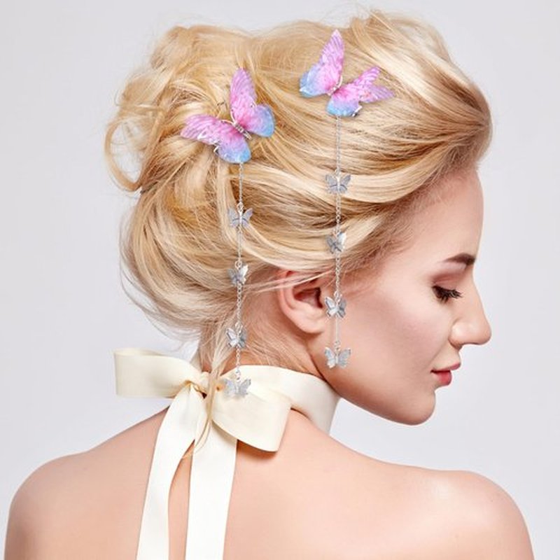 PAGOW 8 Pcs Butterfly Hair Tassel Clips Cute Alligator Barrettes Valentines Wedding Prom Birthday Hairpin Accessories for Women (Blue Purple Pink Gradient2)