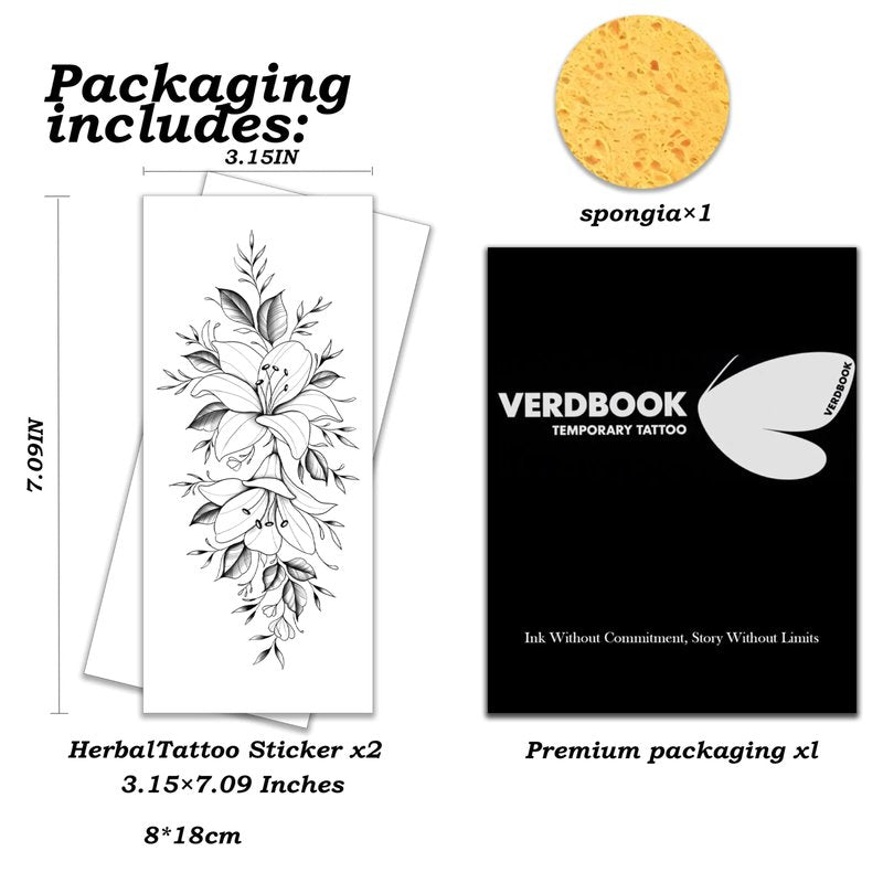 VERDBOOK Waterproof Temporary Tattoos: 2-Sheet Tattoo Kit with Realistic Body Stickers, Semi-Permanent Tattoos for Adults Lasting 7-15 Days – Safe for Men & Women, Blossom Journey