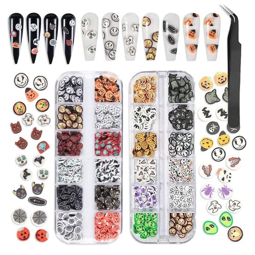 2 Boxes Halloween Nail Charms 3D Ghost Pumpkin Face Spider Web Bat Skull Spider Nail Art Supplies Decorations Halloween Nail Art Charms for Women (24 Grids)