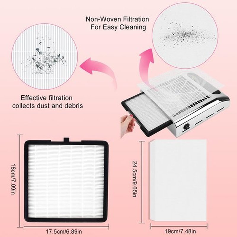 Nail Dust Collector Filters of 2 Pack Nail Dust Suction Collector Replacement Filter with Nail Art Dust Powder Remover Brush (7‘’*6.9‘’*1‘’, Count, 4)