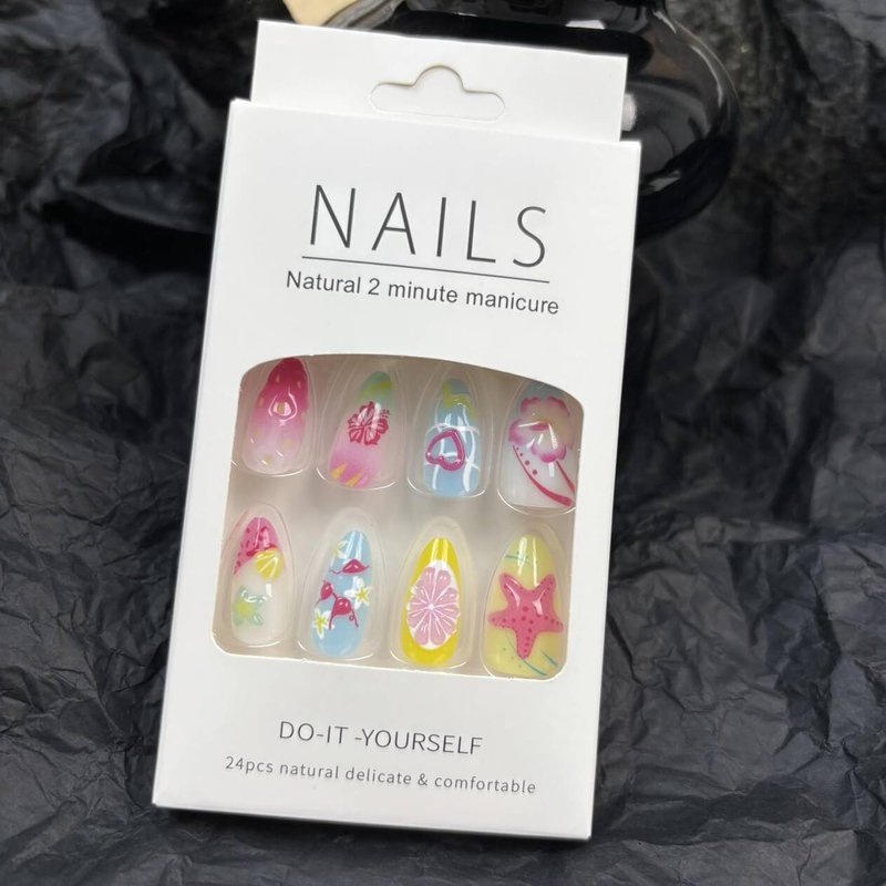 ZNCRSISTY Press on Nails Short - 2 Set Fake Nails with 30pcs Summer Press on Nail Almond and 24pcs Pure False Nails, Acrylic Nails with 3D Flower Designs, False Nail for Women Girls Kids