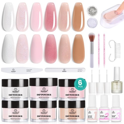 Beetles Dip Powder Nail Kit, 6 Colors Dipping Powder Nude White Pink Glitter with Base Top Coat Activator and Tools for French Nail Art, Easy DIY Home Manicure Salon Valentines Gift for Women