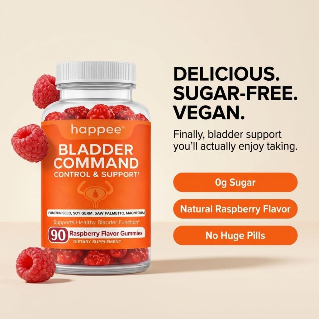 Happee Bladder Control Gummies Supplement for Women & Men – Day & Night Support - Raspberry Flavor – 90 Count