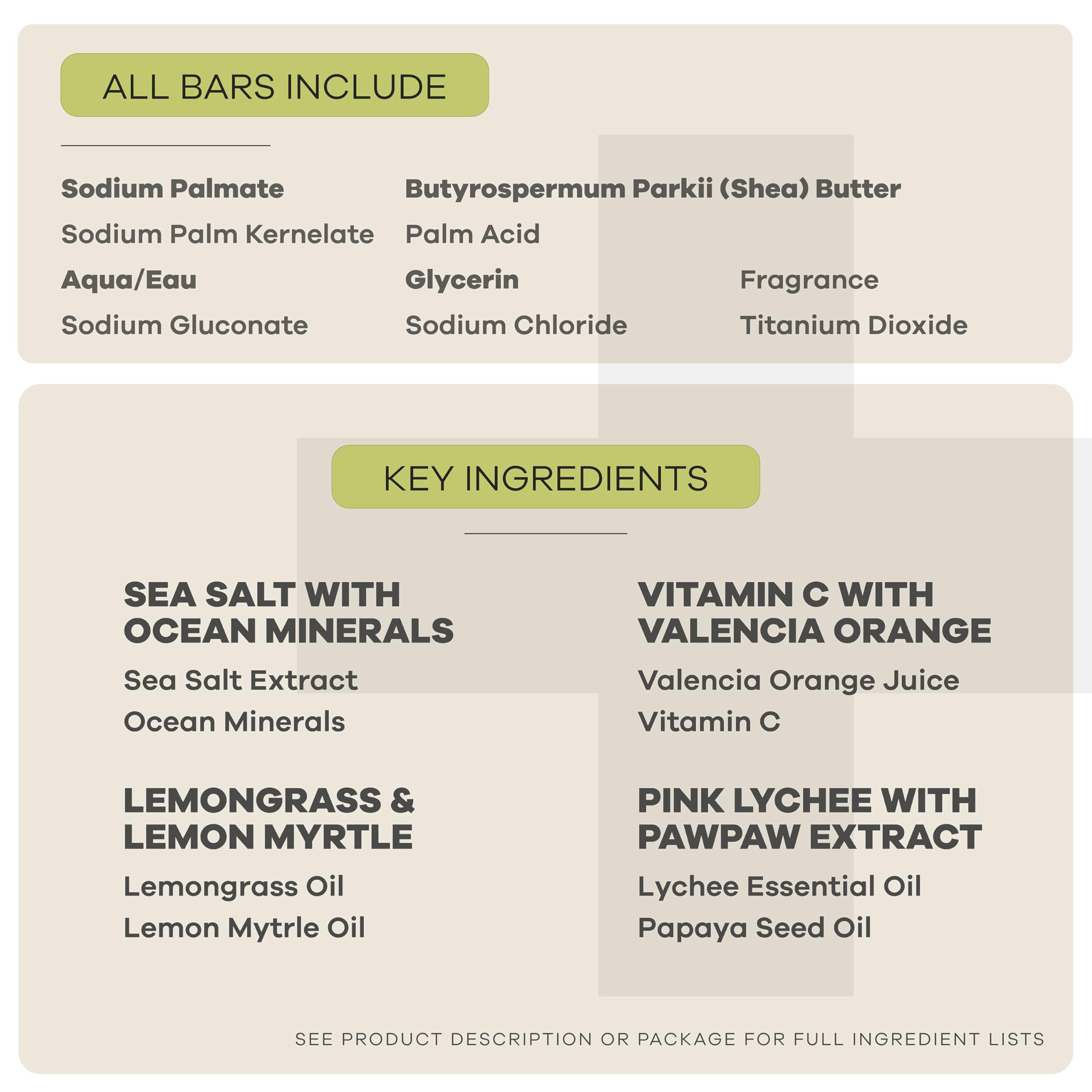 Australian Botanical Soap Vegan Friendly 4 Bar Variety Pack – Sea Salt, Lemongrass, Pink Lychee & Valencia Orange, Triple Milled 6.6 oz Bars with Shea Butter