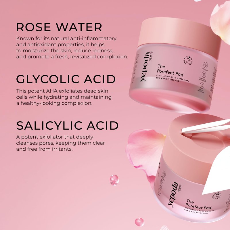 Yepoda The Porefect Pad, Exfoliating Rose Water AHA, BHA & PHA Toner Pads, Gently exfoliating & Pore Refining, Vegan Korean Toner-Pads for All Skin Types, 4.05 FL. OZ. (120 mL) / 60 Pads
