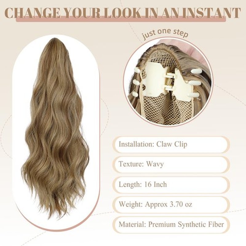 FELENDY 16" Ponytail Extension Long Curly Wavy Ponytails Clip in Claw Hair Extension Pony Tails Natural Looking Synthetic Hairpiece for Women Light Brown mix Ash Blonde