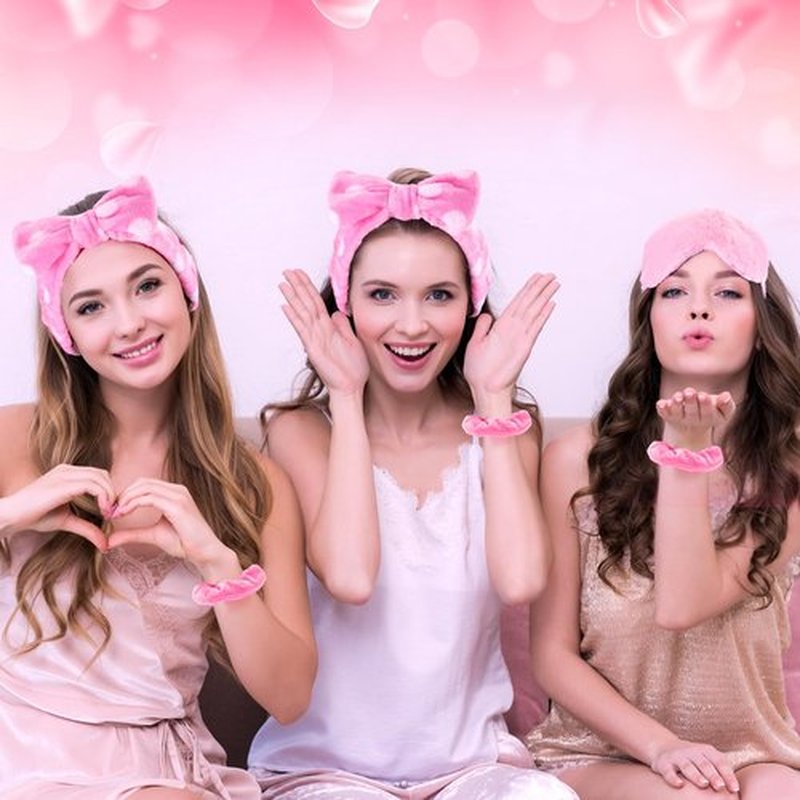 Maiteenly 18 Pcs Sleepover Party Supplies Include 6 Bow Spa Headbands, 6 Eye Mask and 6 Velvet Scrunchies Pink Party Favors for Women Makeup Gift Bachelorette Slumber Wedding