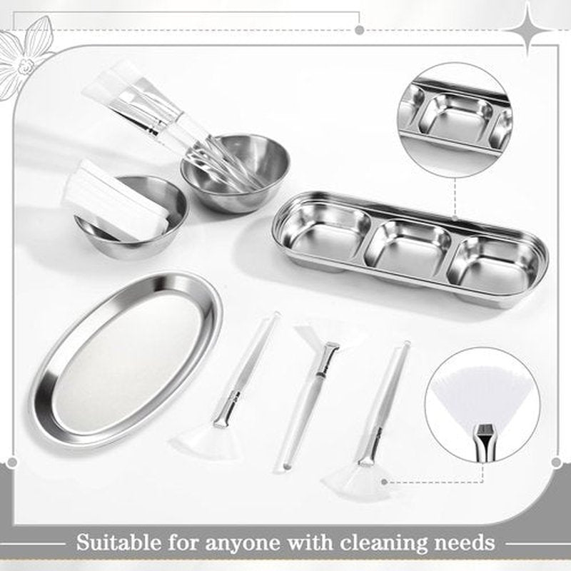LemonRoad 25 Pcs Esthetician Facial Supplies Set, 3 Stainless Steel Mixing Bowls, 2 Serving Trays, 6 Brushes, 2 Hairbands, 12 Compressed Sponges for Women Facial Mask Spa Home Use (Silver)