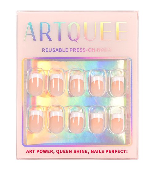Artquee Classic French Tip Press on Nails Short Nude White Square False Tips Clear Glossy Reusable Fake Stick on Nails Kit for Women - 30 PCS 15 Sizes