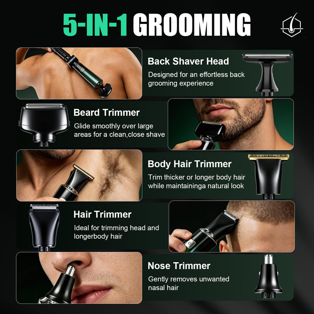 Back Shaver for Men, 5 in 1 Men Back Shaver with Long Handle, Green