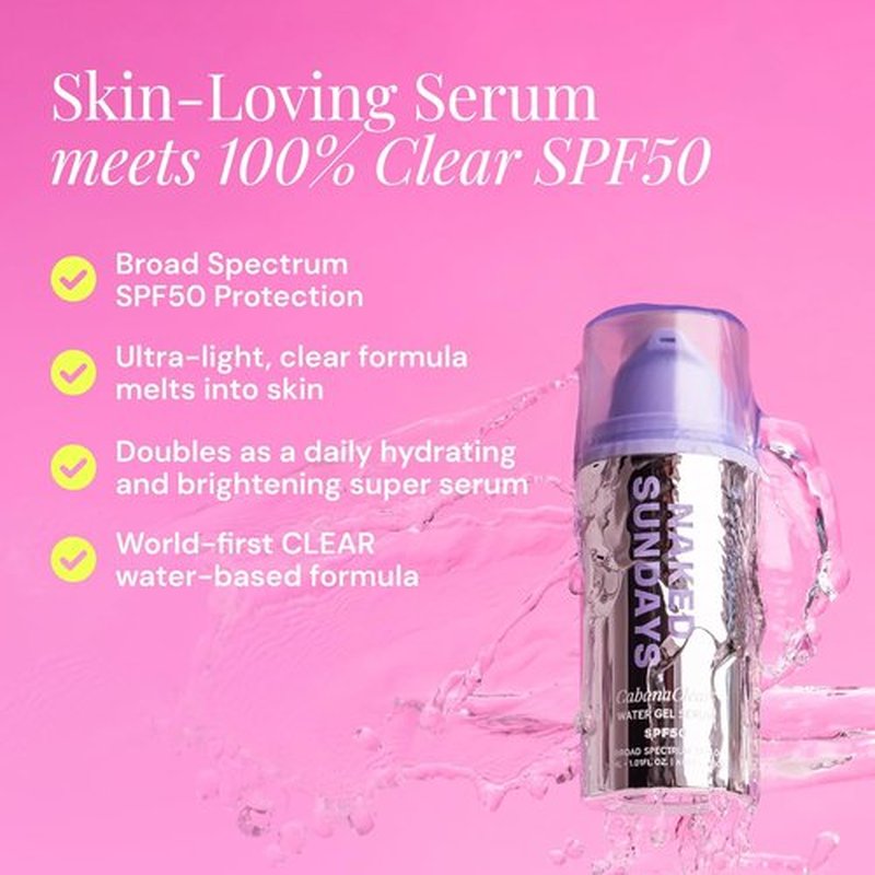 Naked Sundays CabanaClear Facial Sunscreen Serum - SPF 50 Invisible Water Gel for Sensitive Skin, 30ml
