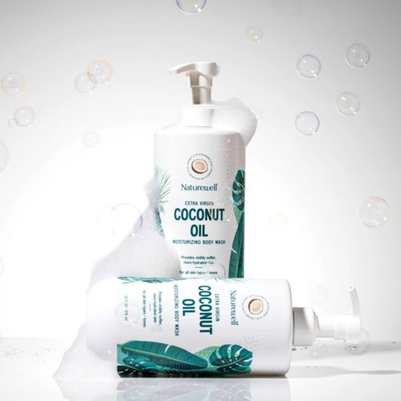 NATURE WELL Extra Virgin Coconut Oil Ultra-Moisturizing Body Wash, Gentle & Creamy Formula Packed with Antioxidants, Vitamins A, C & E, & Squalane, Provides Gentle Cleansing & Intense Hydration, 33 oz