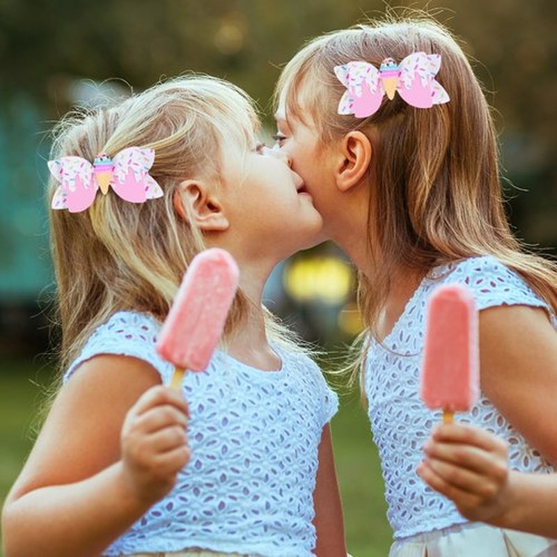 Ice Cream Hair Bow Clips, 3.4 Inch Sparkly Confetti Sprinkle Birthday Hair Bows Full Lined Metal Alligator Clips Boutique Bow-knot Hair Accessories for Girls Toddlers Kids Teens - Pink & White