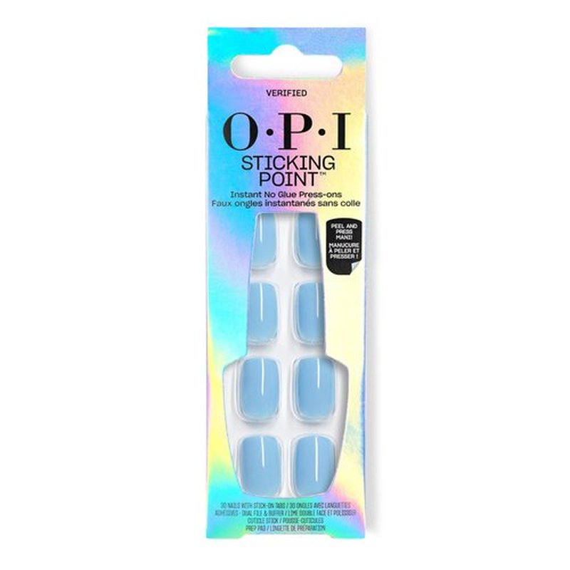 OPI Sticking Point Verified | Short Squoval Opaque Cool Blue Instant No Glue Press On Nails | 30 Count with Adhesive Tabs | Damage-Free Wear | Spring 2026