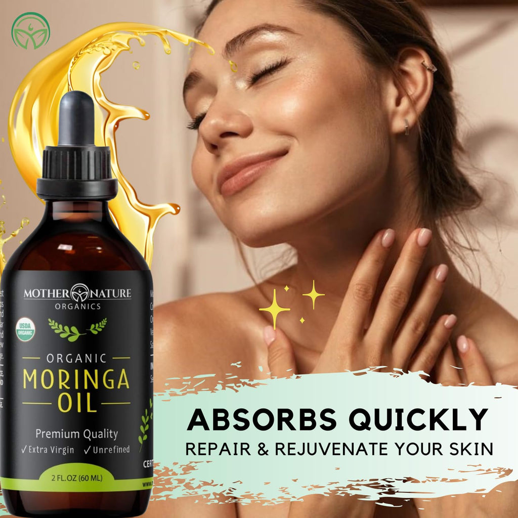 Moringa Oil - USDA Certified Organic, 100% Pure, Cold Pressed & Unrefined Gluten Free Oil (2oz) - Natural Moisturizer for Skin, Face, Body & Hair - Non-GMO & Vegan