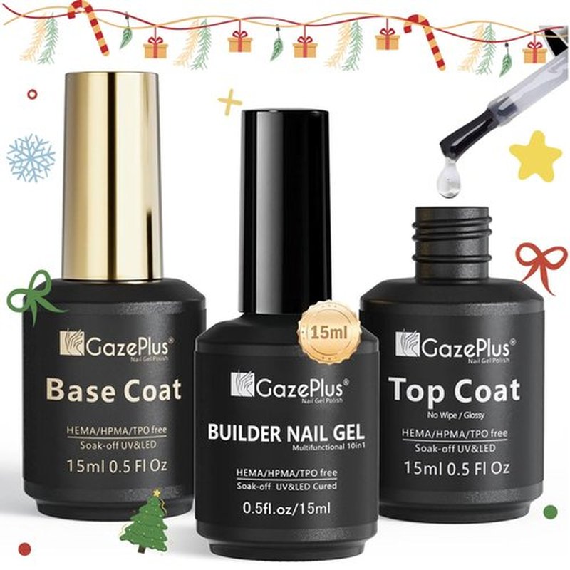 GAZEPLUS 3Pcs 15ml Builder Nail Gel with Base and No Wipe Top Coat Set 10-in-1 Clear Builder Gel With Top and Base Coat Shine Finish and Long Lasting for Christmas Gift Nail Extension Strengthener