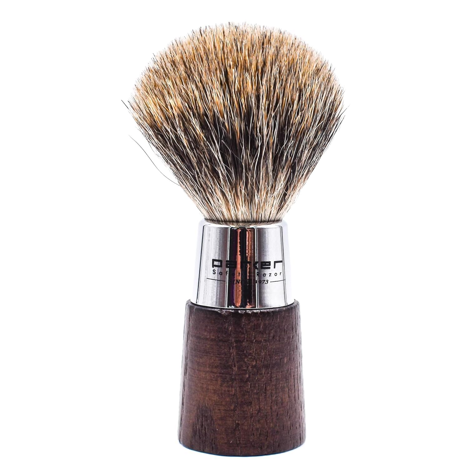 Parker 3-Band Pure Badger Shaving Brush with Stand – Long Loft Bristles for Generating a Rich Lather, Ergonomic Walnut Handle with Chrome Accents, Handmade Wet Shaving Brush | Iconic Brand