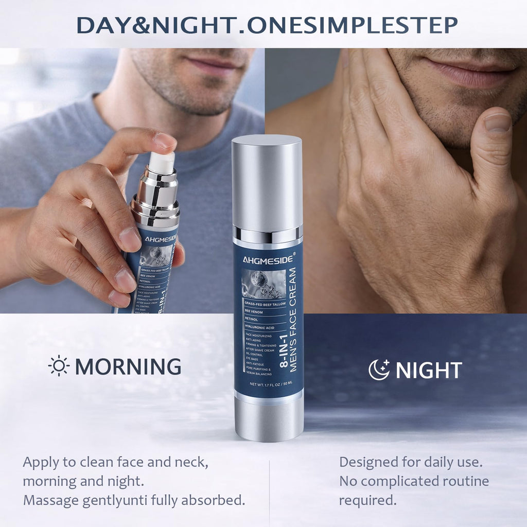 Ahgmeside 8-in-1 Face Cream for Men,Anti-Aging Daily Moisturizer with Hyaluronic Acid & Shea Butter,Helps Smooth Wrinkles & Reduce Puffiness, Lightweight Men's Formula, 1.7 oz