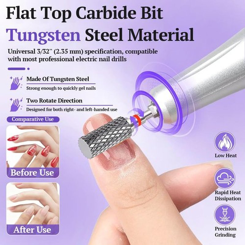 FATUXZ 3/32" Carbide Nail Drill Bits, Gel Polish Remover Drills Bit, Cuticle Clean Nail Drills Bit, Professional Flat Top Tungsten Nail Bits Set Nail File Acrylic for Manicure,Pedicure (Fine - F)