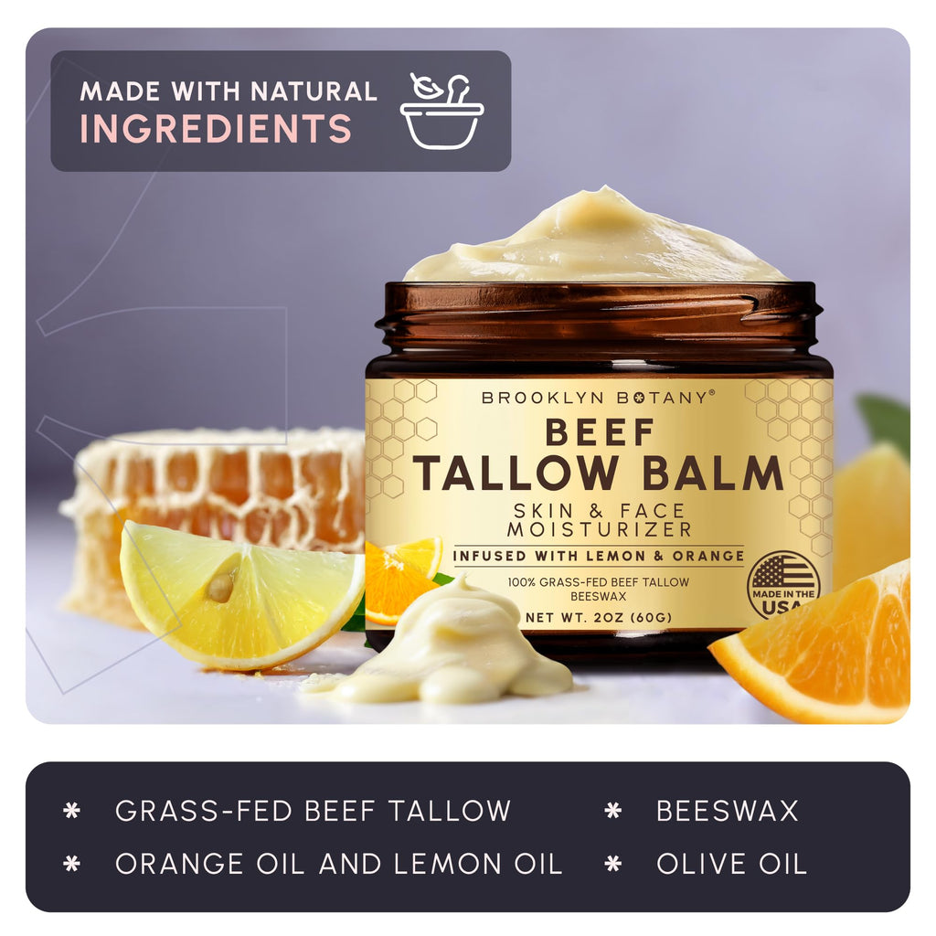 Brooklyn Botany Beef Tallow Balm – Grass Fed Beef Tallow for Skin and Face – Nourishing Face Moisturizer Infused with Citrus Oils – Orange Oil and Lemon Oil – 2 oz