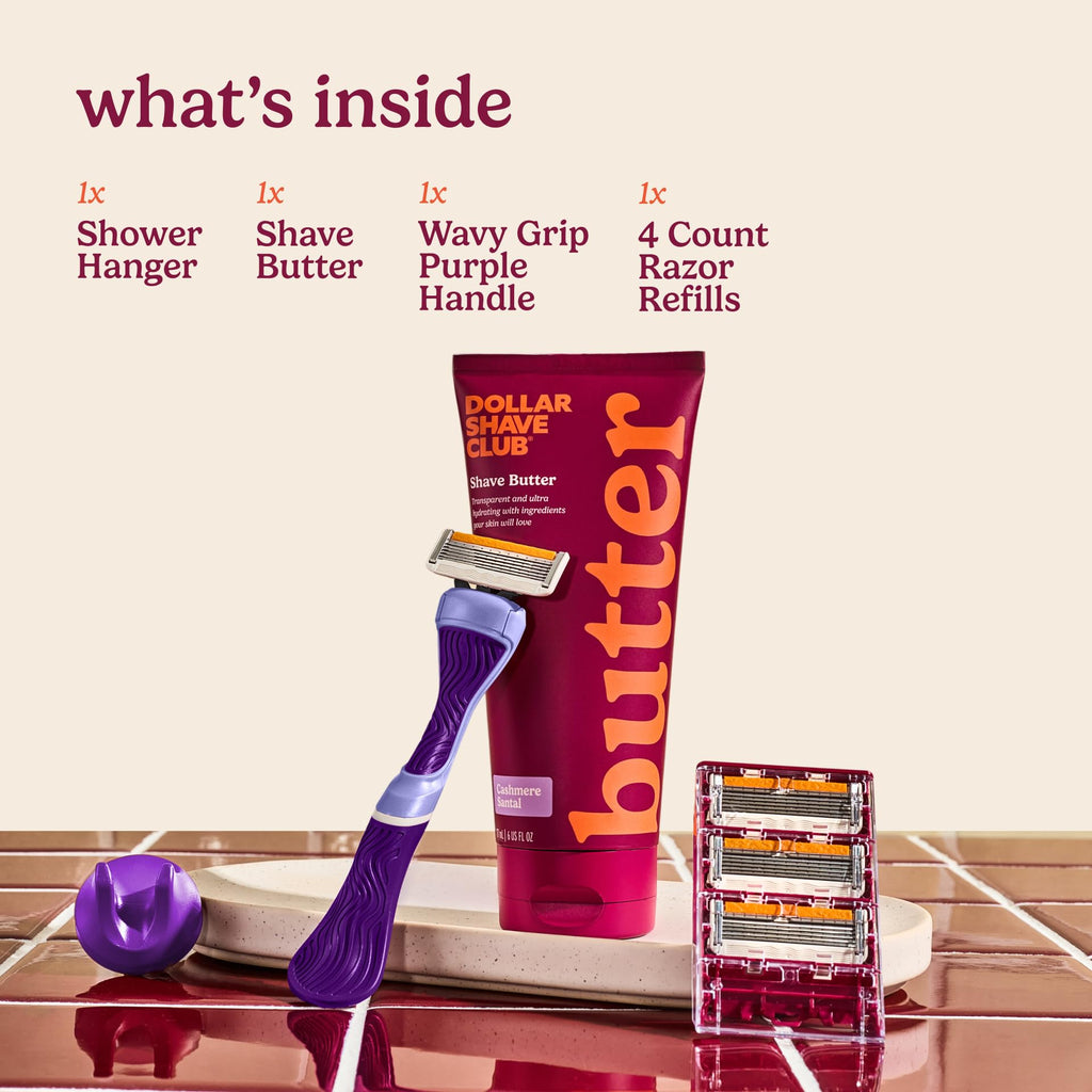 Dollar Shave Club For Women | 1 Purple Wavy Grip Handle, 4 Razor Refills, 1 Cashmere Santal Shave Butter, 1 Shower Hanger | Razors for Women, Womens Razors