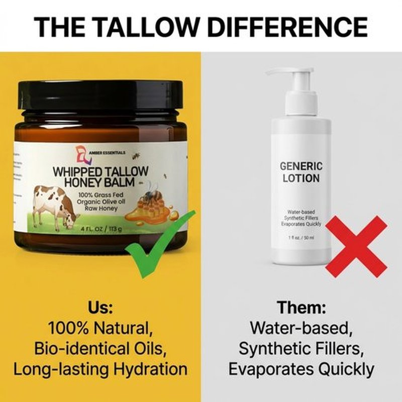 Beef Tallow for Skin & Face, Whipped Tallow Honey Balm Cream, 100% Grass-Fed Beef Tallow Face Moisturizer with Raw Honey, Natural Body Lotion & Skin Care for Women & Men, Unscented 4.2 oz