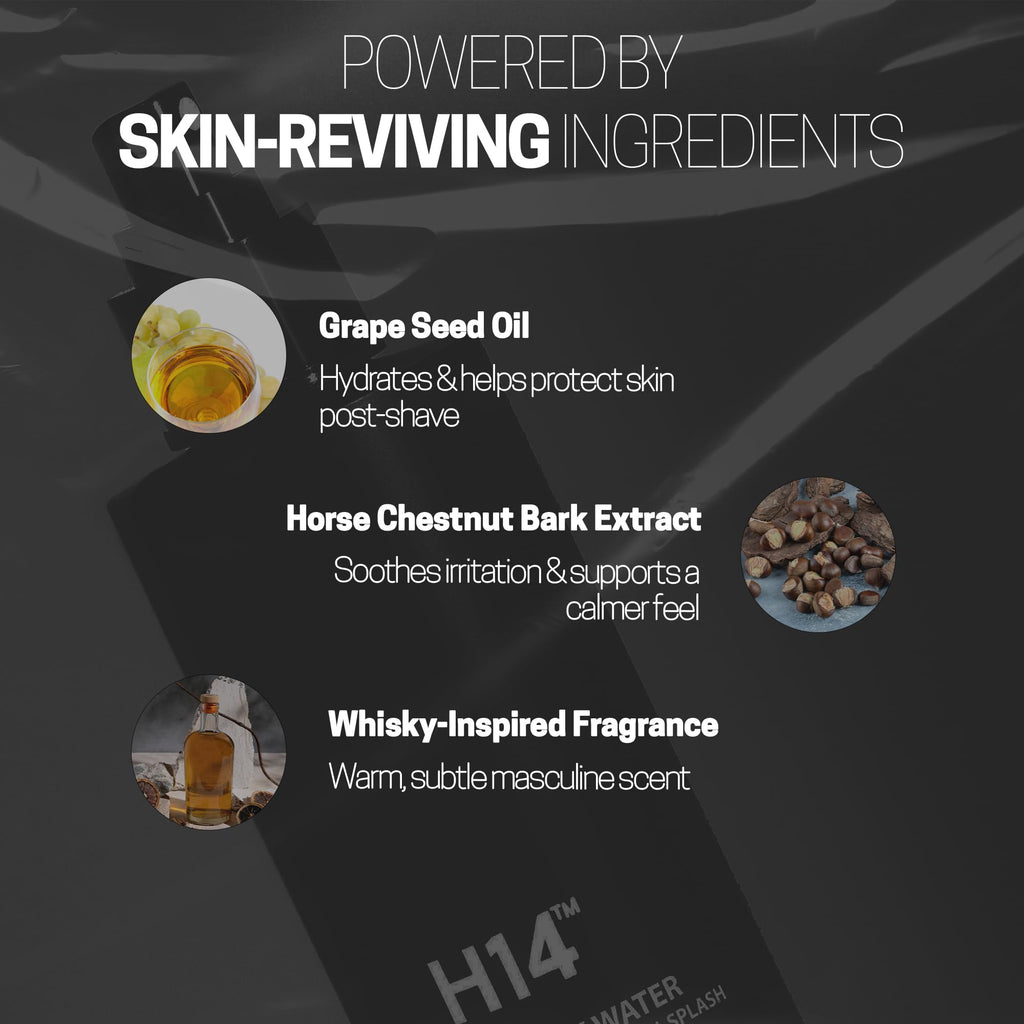 H14 Whisky Water Aftershave for Men - Aftershave Man-Splash with Grape Seed Oil and Horse Chestnut Bark Extract - Tones and Tightens Pores - Masculine Whisky Inspired Cologne Scent - 8.5 fl oz