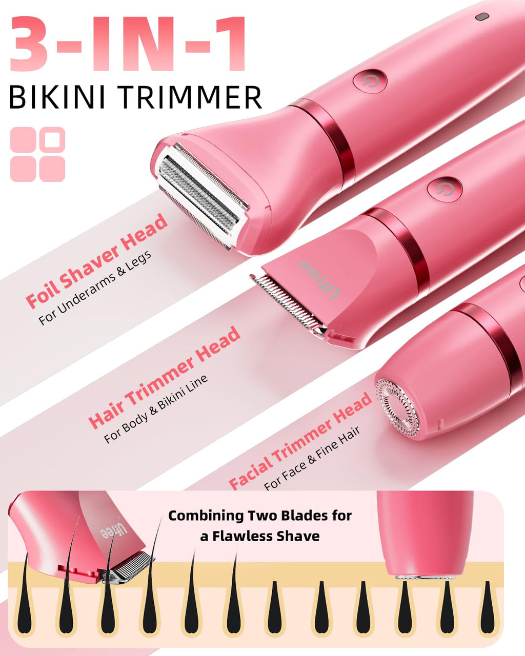 Ufree Bikini Trimmer Electric Razors for Women, Ceramic Blade Body Hair Trimmer, IPX7 Waterproof Rechargeable Lady Shaver, Personal Groomer for Legs & Pubic Hair, Gifts for Women, Rose Red