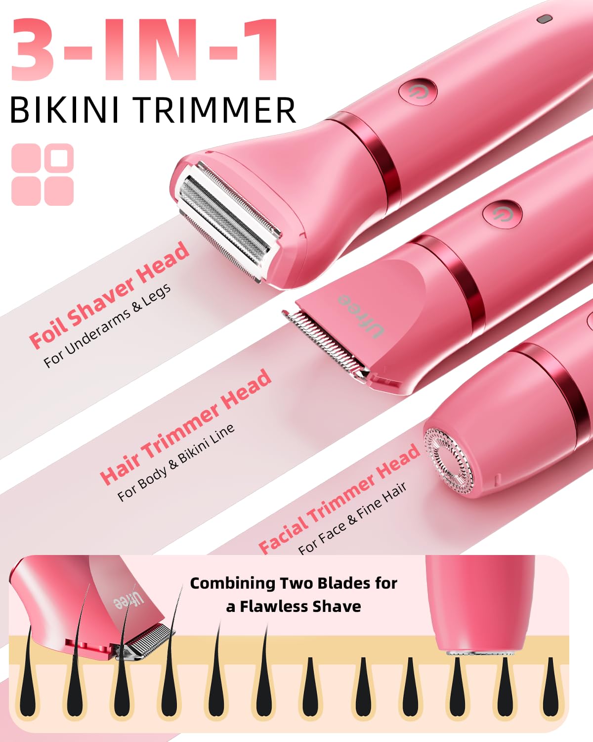 Ufree Bikini Trimmer Electric Razors for Women, Ceramic Blade Body Hair Trimmer, IPX7 Waterproof Rechargeable Lady Shaver, Personal Groomer for Legs & Pubic Hair, Gifts for Women, Rose Red