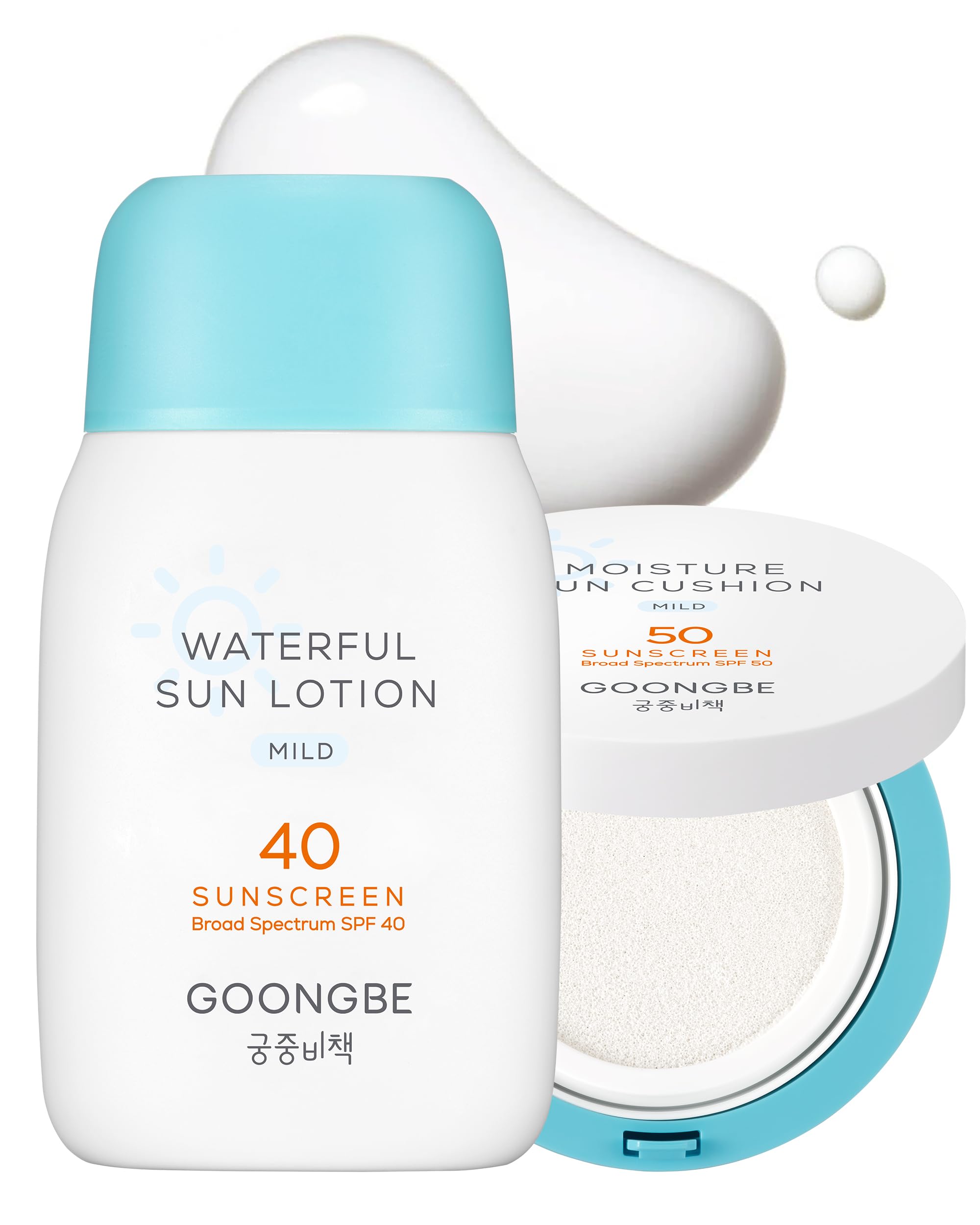 GOONGBE Sun Lotion SPF 40 & Moisture Sun Cushion SPF 50 Zinc Oxide Mineral Sunscreen - Vegan for Babies Kids Adults - Korean Skincare, 2.82oz & Cushion 0.81oz
