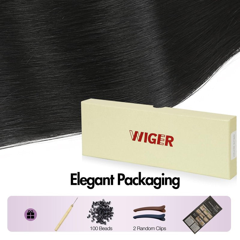 WIGER Invisible Butterfly Hair Extensions Real Human Hair Double Layer Genius PU Skin Weft Hand-tied Injected Remy Human Hair Extensions Twin Tabs 18 Inches Black Micro Bead Hair Extensions