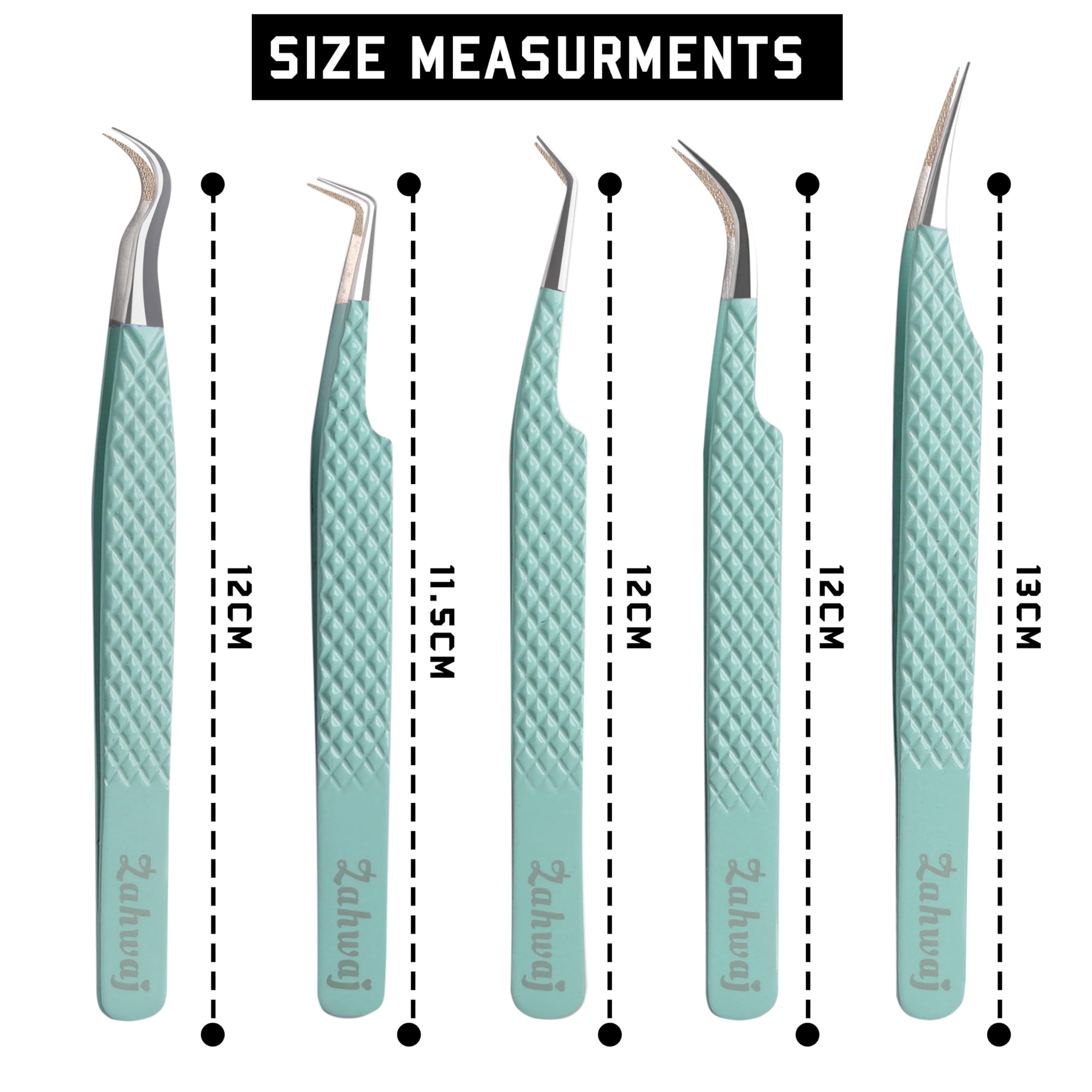 ZAHWAJ Fiber Tip Lash Tweezers - Set of 5 Diamond Grip Eyelash Extension Tweezers, Japanese Stainless Steel Tweezers Set for Volume, Isolation & Classic Lashes (Light Green)