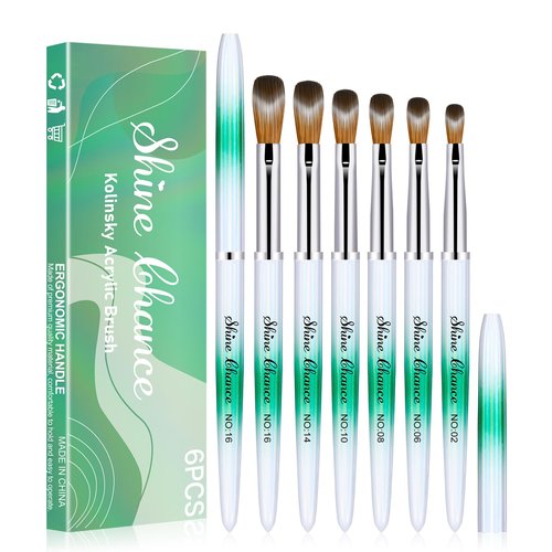 Shine Chance 6 Pcs Nail Brushes Set, Kolinsky Nail Art Brush, Art Design & Polish Mistake Cleaning Manicure Tools for Women - Acrylic Application (Sizes 2, 6, 8, 10, 14, 16)