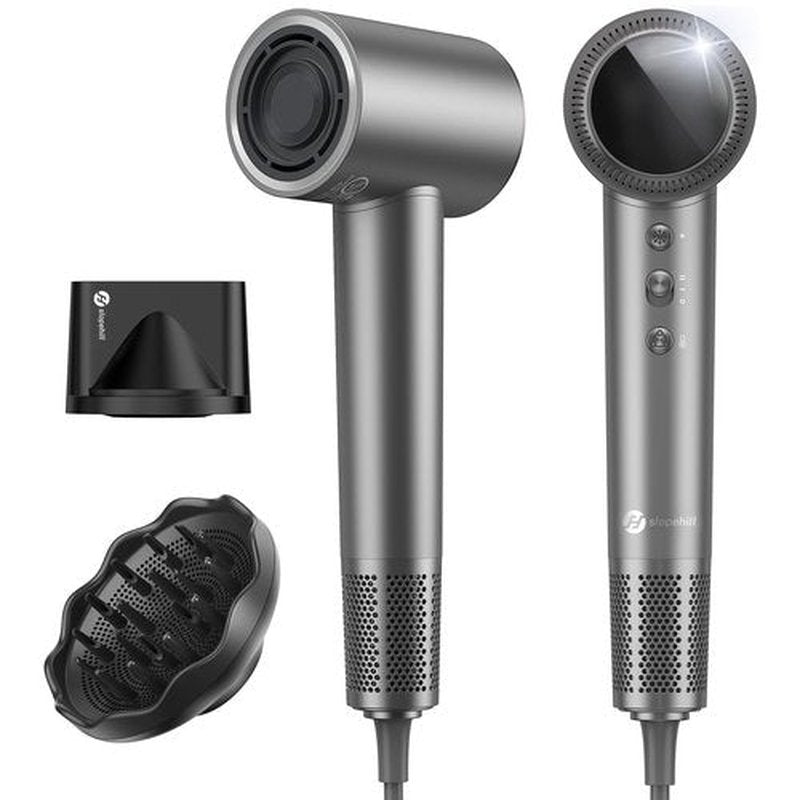 slopehill 110,000 RPM Professional Hair Dryer - 0.8lb Ultra-Lightweight, 2 Billion Ion Technology for 98% Frizz Reduction, AI Smart-Temp Control, Magnetic Attachments for All Hair Types (Dark Grey)
