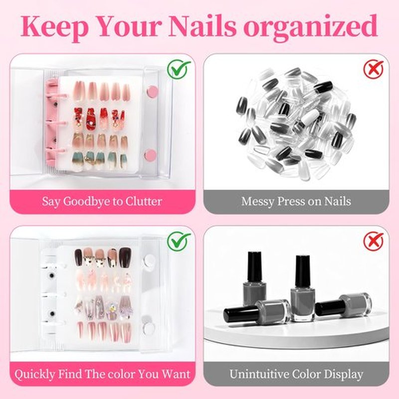 ASTONFOG Press On Nail Organizer, 2Pcs Press On Nail Binder Book with 12 Insert Pages-A8 Sized & Double Sized Tape, Fake Nails Swatch Display Collecting Storage Book(Pink+White)