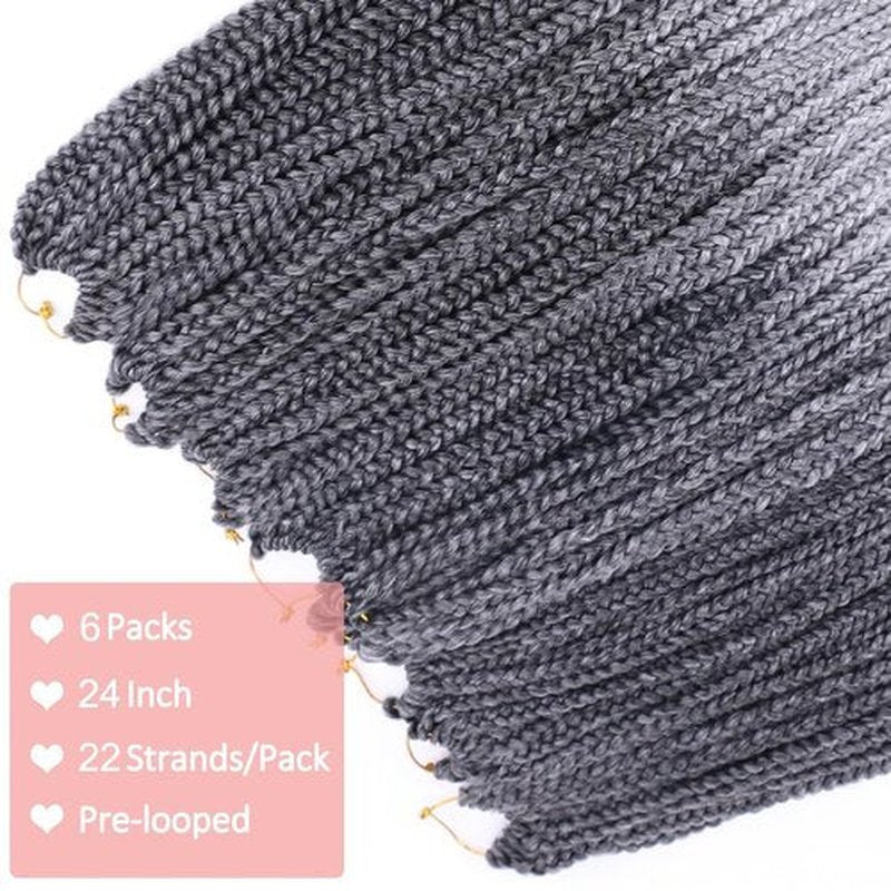 Box Braids Crochet Hair Pre looped 24 Inch Ombre Gray Crochet Box Braids for Black Women 6 Packs Goddness Knotless Crochet Braids Grey Fiber Braiding Hair Extensions(TGrey#)