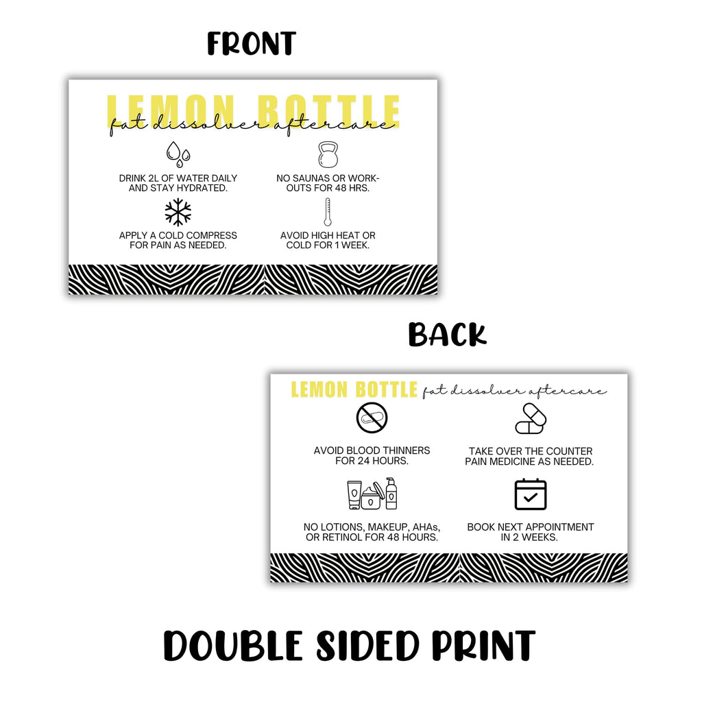 Lemon Bottle Fat Dissolver Aftercare Instruction Cards | 50 pk 2x3.5” Liquid Lipo Facial Consent Injection Card Clients Wallet Post Pre Treatment