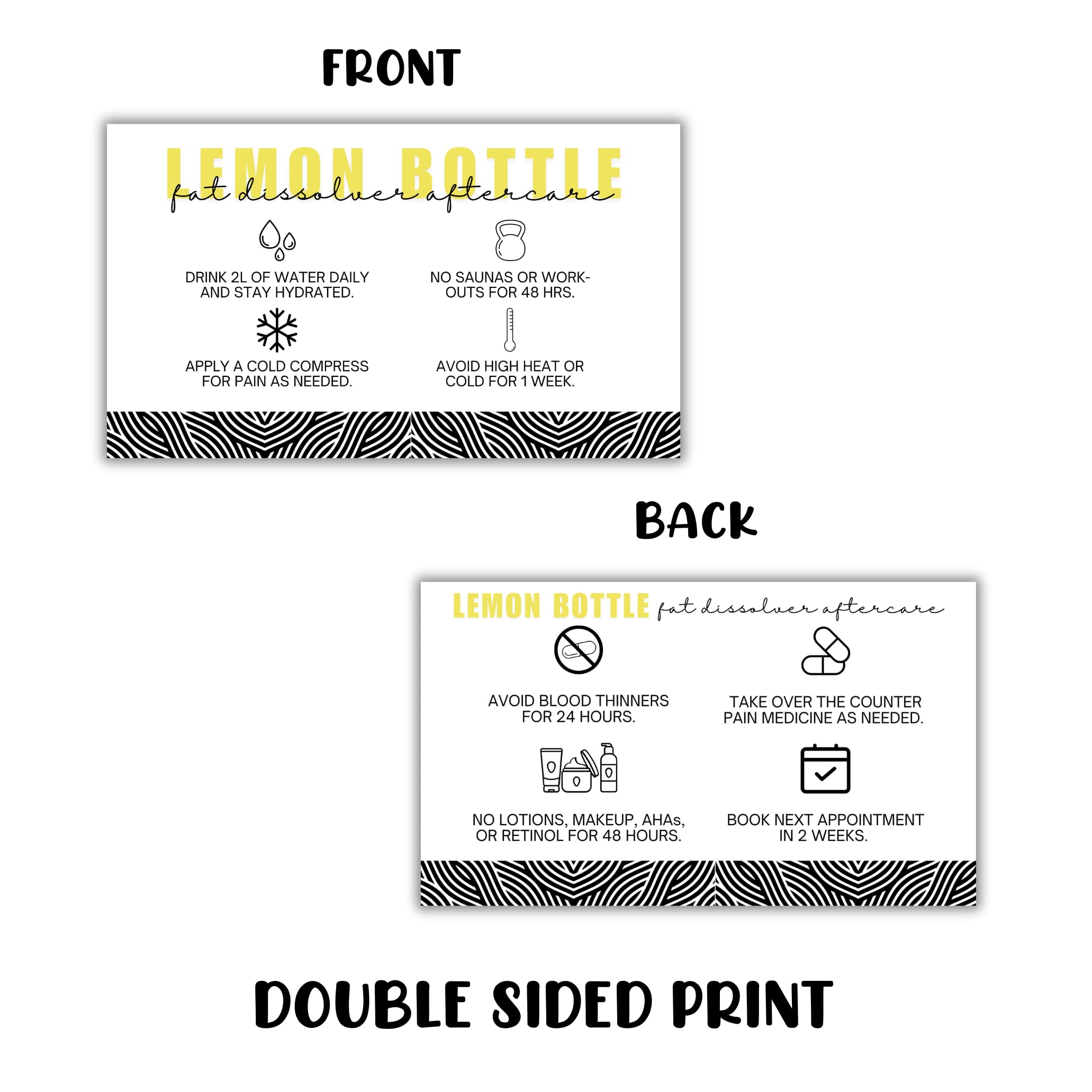 Lemon Bottle Fat Dissolver Aftercare Instruction Cards | 50 pk 2x3.5” Liquid Lipo Facial Consent Injection Card Clients Wallet Post Pre Treatment