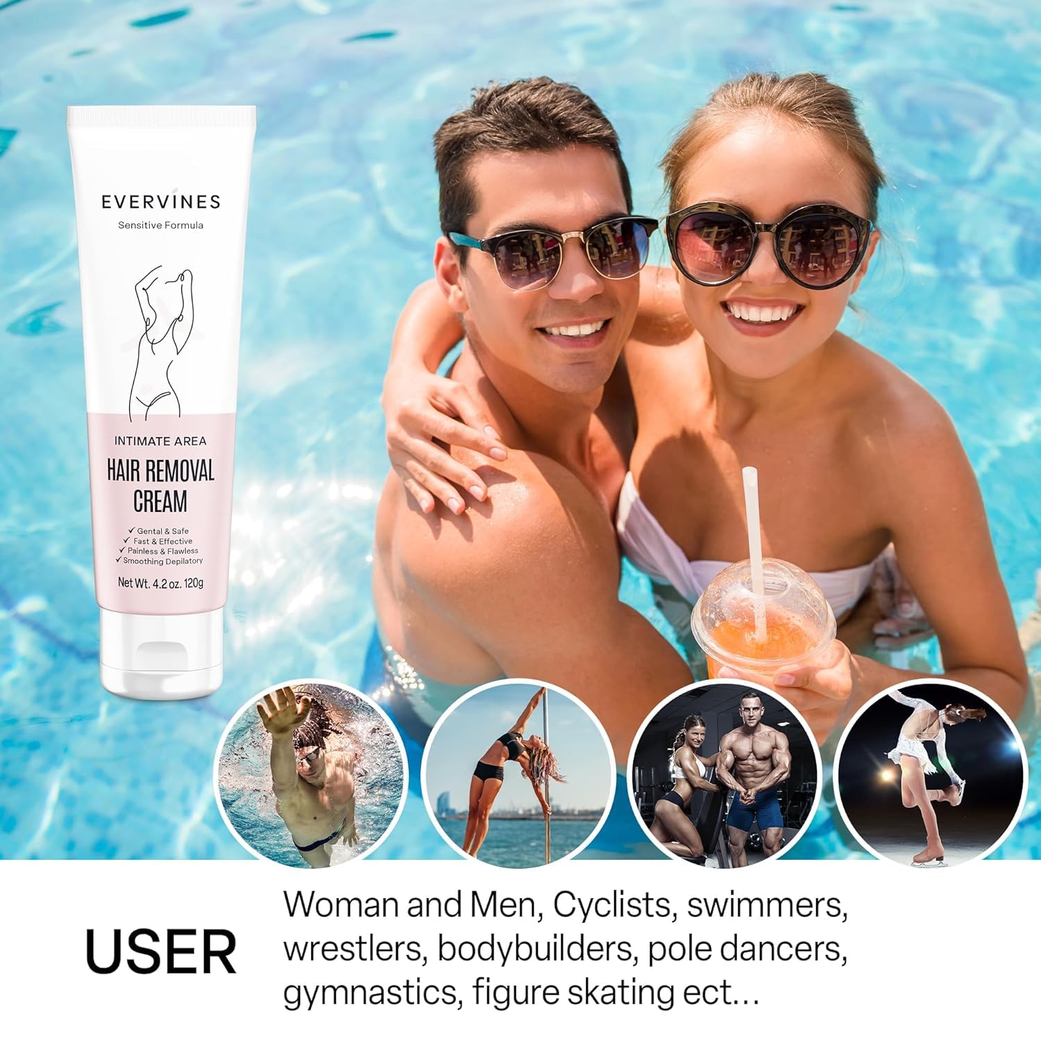 Evervines Hair Removal Cream for Women: Fast & Painless Depilatory for Bikini Pubic Legs Arms Underarms - Sensitive Skin Safe - Travel & Home Use with Scraper – 4.2oz