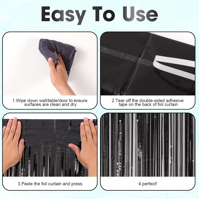 Voircoloria Black Foil Fringe Backdrop Curtains - 3 Pack Tinsel Streamers for Parties | 3.3x8.2 Feet