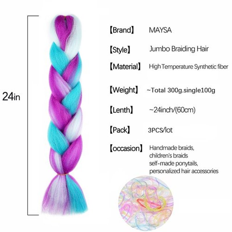 Rainbow Pre Stretched Braiding Hair Extensions Multi Color Braiding Hair 24inch 3Pcs Synthetic Colored Hair Extensions #Pink-deep purple-blue-green