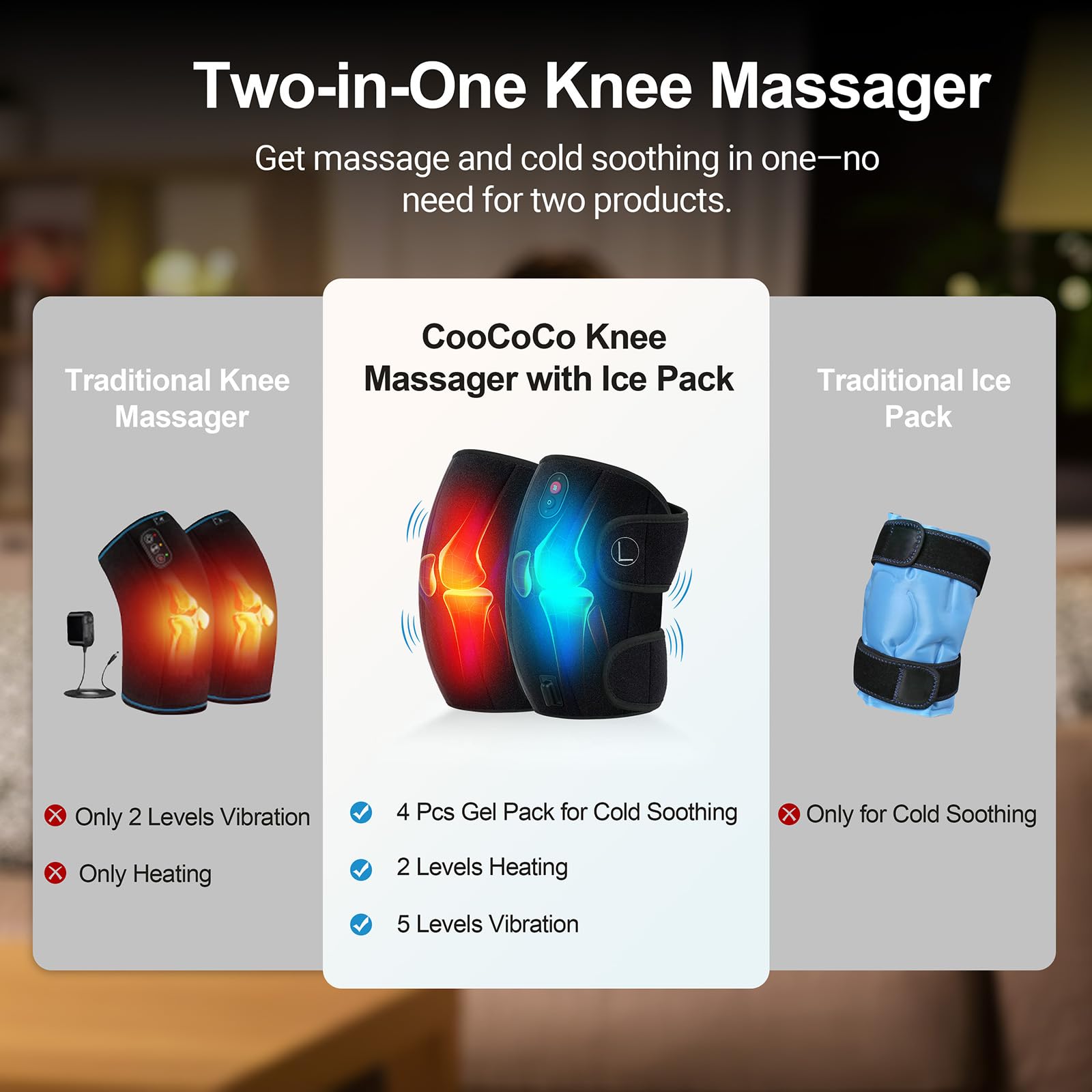 CooCoCo FSA Eligible HSA Knee Massager with Heat, Knee Pain Relief, Knee Heating Pad, Electric Heated Knee Brace with 2 Heating Levels, 5 Vibration Modes, 4pcs 5''x9'' Cold Packs