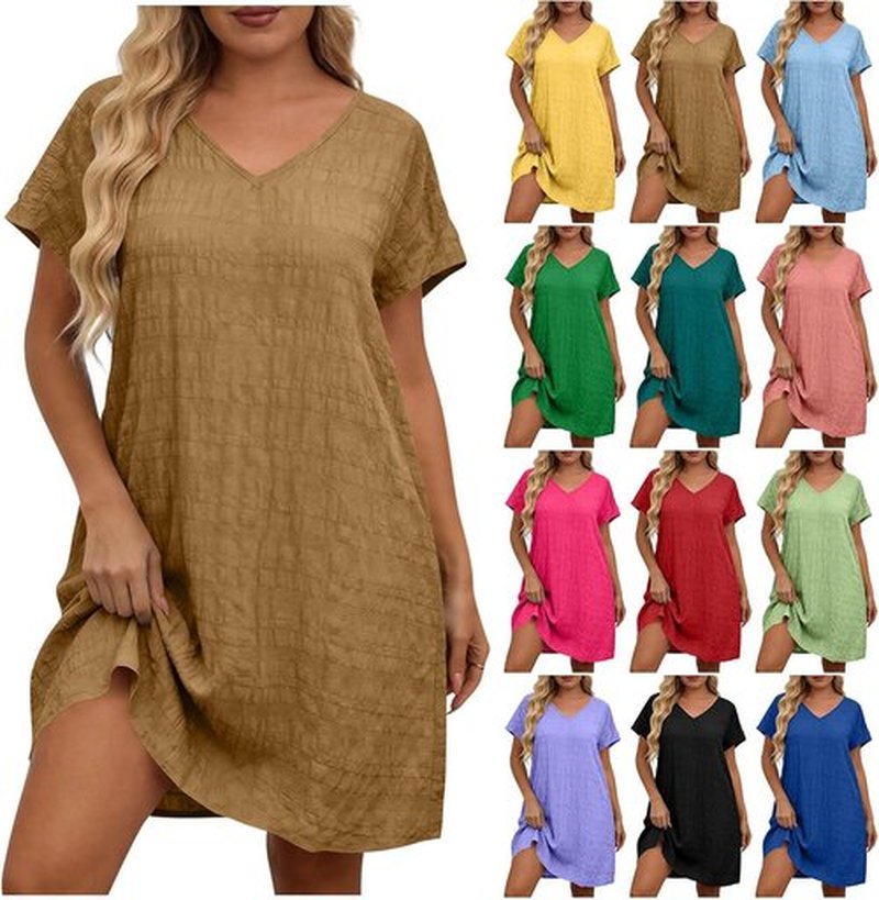 Skiennix Women’s Plus Size Casual V-Neck Short Sleeve Dress - Loose Fashion for Beach Vacations