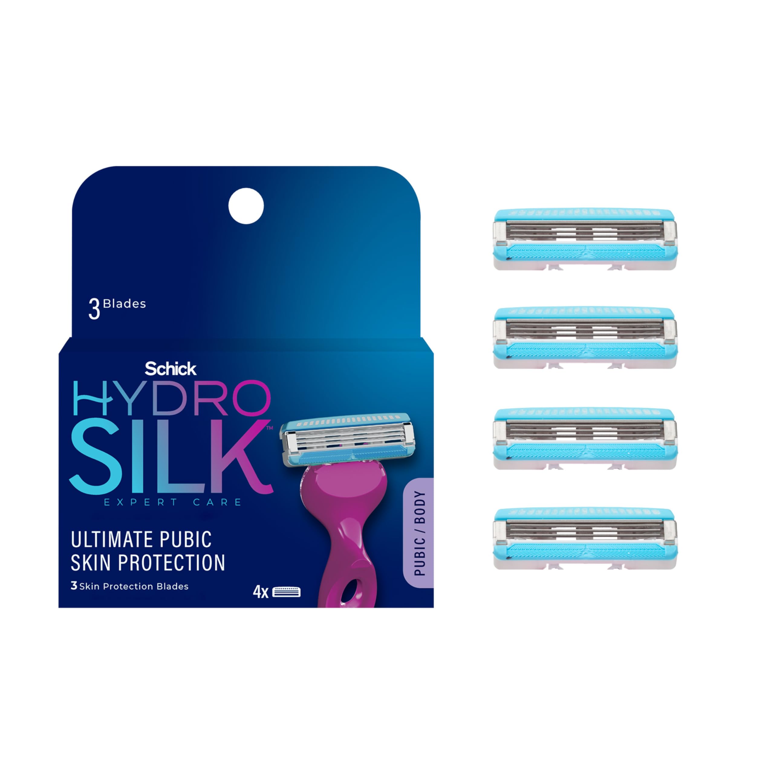 Schick Hydro Silk Ultimate Pubic Skin Protection, 4 Bikini Razor Refills | Bikini Line Razors for Women, Pubic Hair Razor Blades Refills Women, 4ct