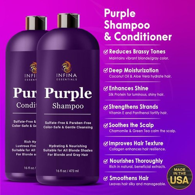 INFINA ESSENTIALS Purple Shampoo & Conditioner Set - Sulfate-Free, Nourishing Coconut Oil & Aloe Vera - 16 fl oz Each